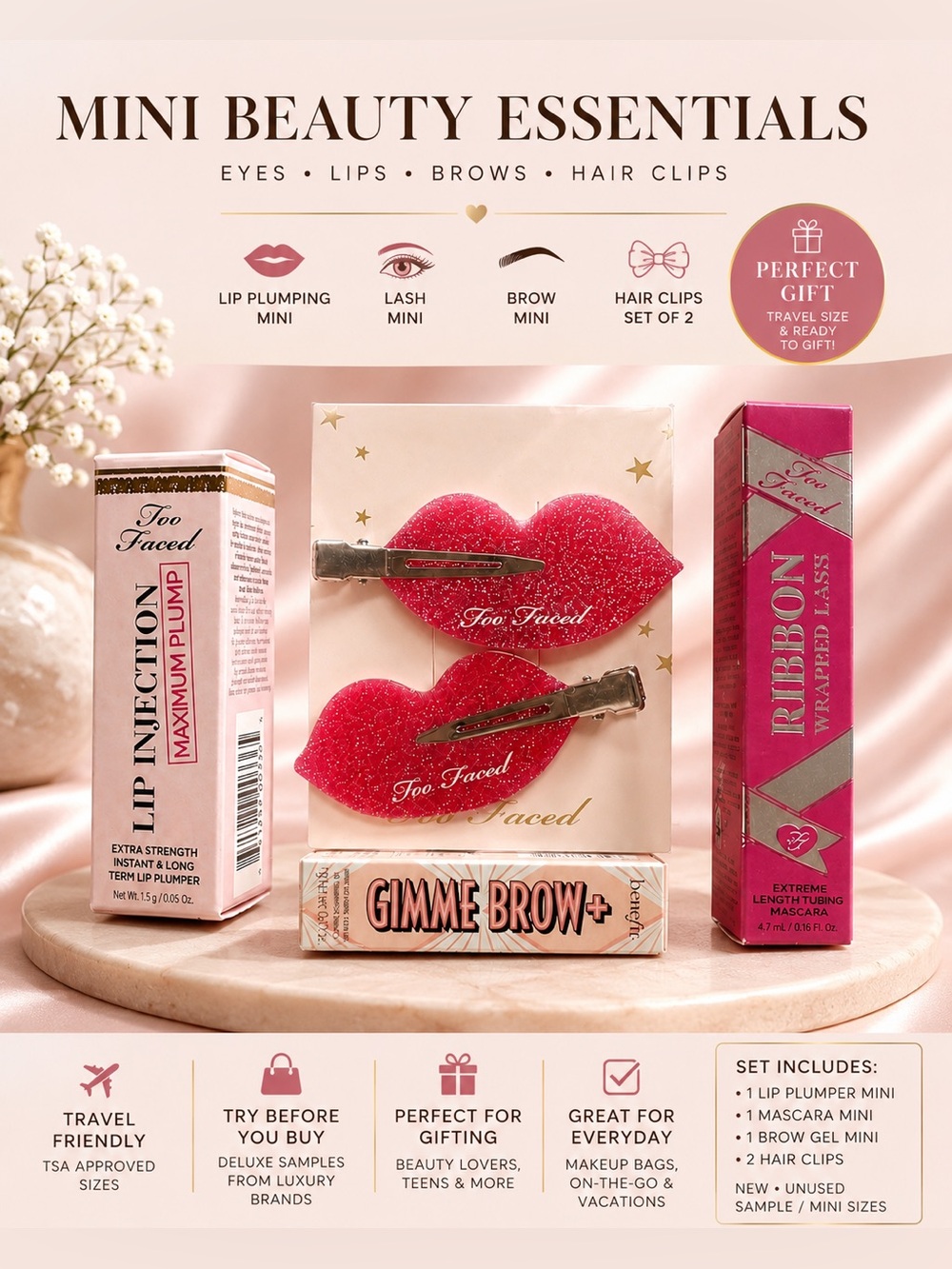 Benefit Too Faced Pink Lip Clips & Makeup Mini deluxe Gift Set NWT